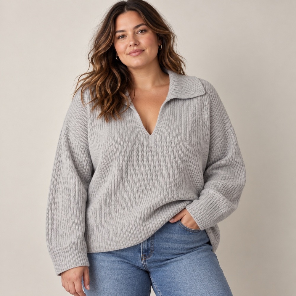 Vince Gray Cashmere & Wool Ribbed Knit Jonny Collar Sweater, XXL Plus